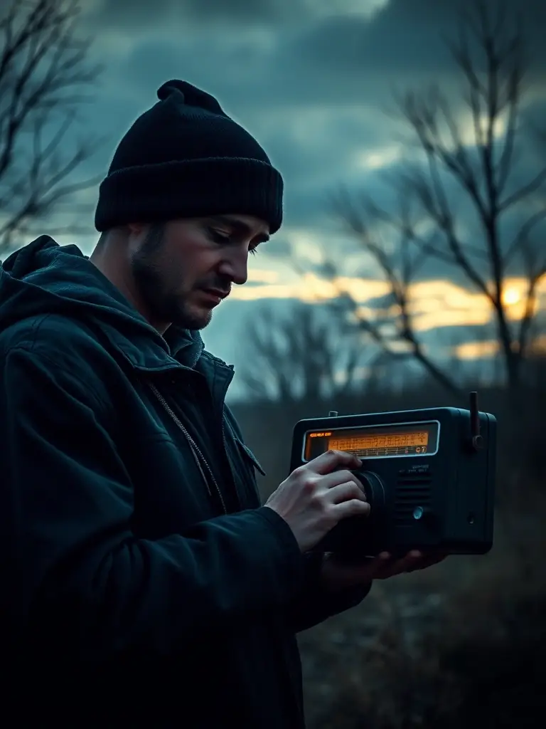 An image of a person using a hand-crank radio during a power outage, highlighting the importance of communication during emergencies.
