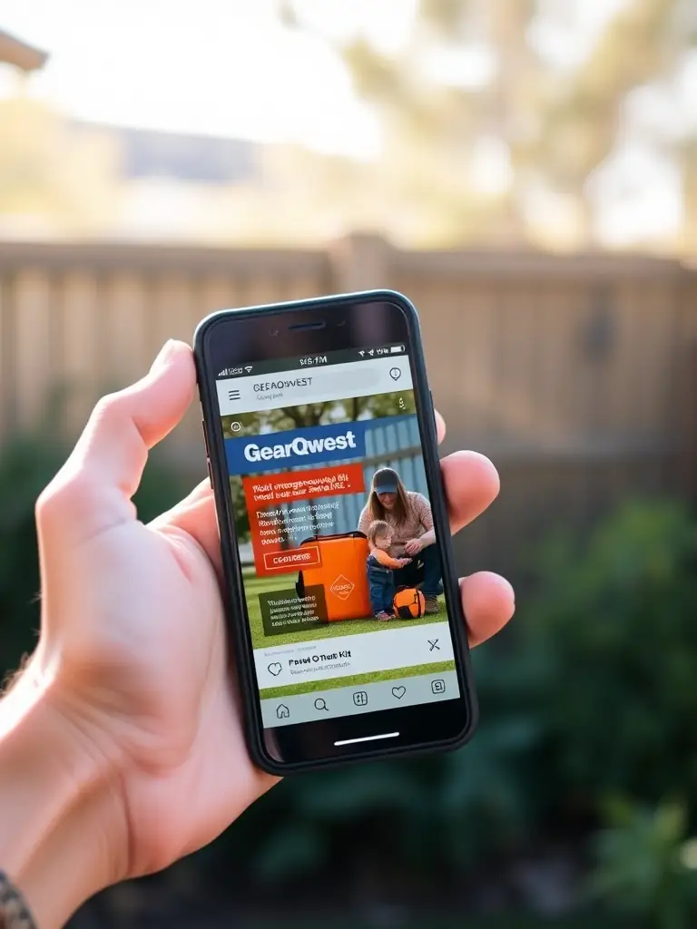 A smartphone displaying a GearQwest social media ad featuring a family using an emergency survival kit during a simulated power outage.