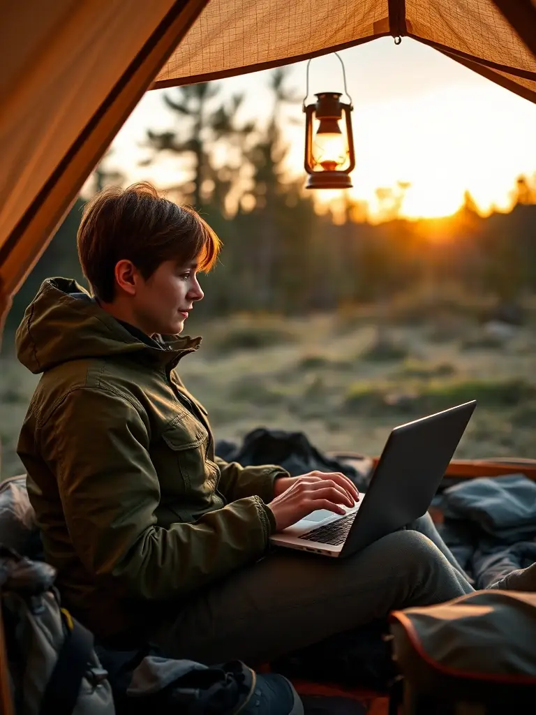A person using a laptop in a tent, illuminated by a camping lantern, showcasing how digital marketing can reach outdoor enthusiasts even in remote locations.