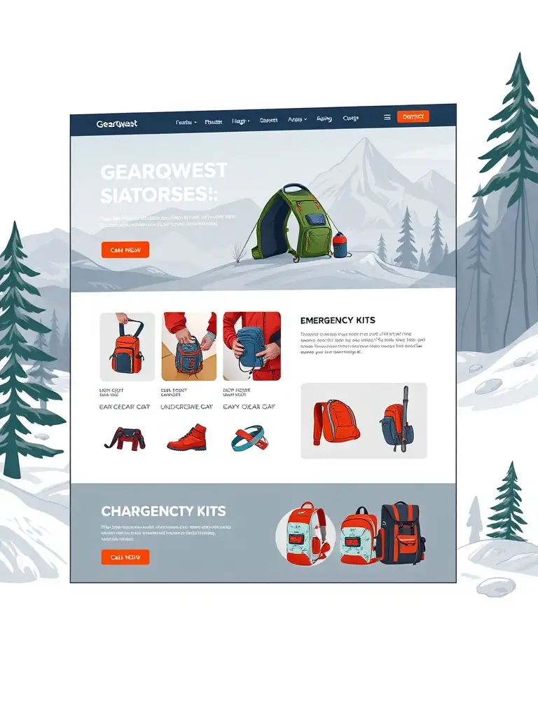 A mockup of a GearQwest website redesign, showcasing a user-friendly interface and optimized product pages for emergency preparedness and outdoor gear.